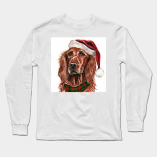 Christmas Irish Setter Wearing a Santa Hat Watercolor portrait Long Sleeve T-Shirt